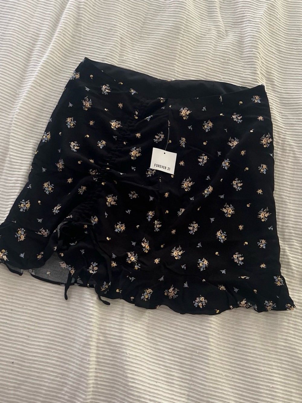 Forever 21 Black Floral Ruffle Hem Skirt with Yellow & Light Blue Blooms